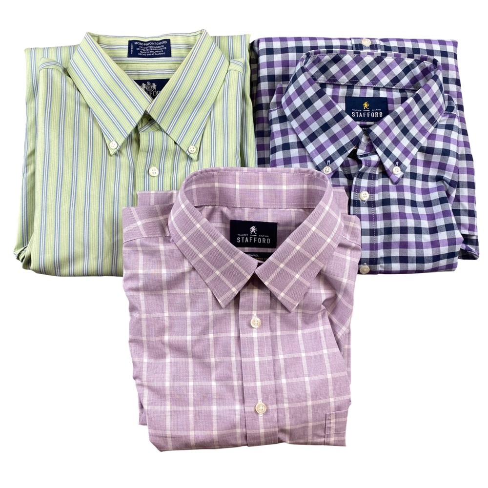 Stafford Mens Size 16 Dress Shirt Lot 3 Green Purple Blue Plaid Stripe